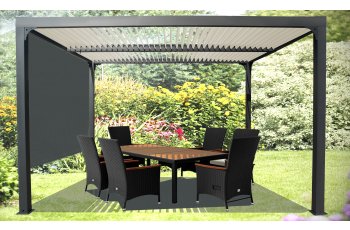 Pergola Bioclimatique avec ventelles écru et rideau manuel coloris gris pour coté 3m, Aluminium gris anthracite, 3.60 x 3.00m, 10.80m²