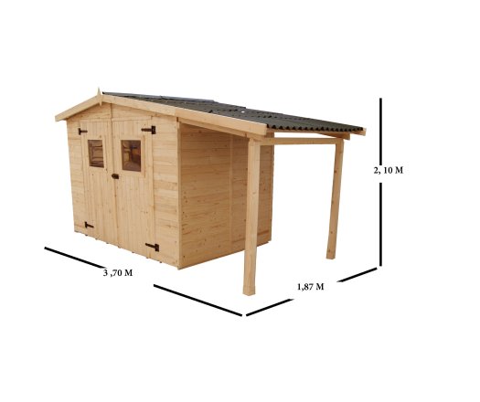 Abri Eden avec bucher, Epicéa panneaux 16mm, 3.70 x 1.90m, 5.80m²