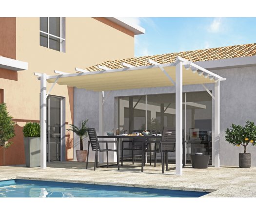 Pergola Bioclimatique, aluminium blanc Poteaux 10x10 cm, Toile couleur écru, 4.0 x 3.0 m, 12m²