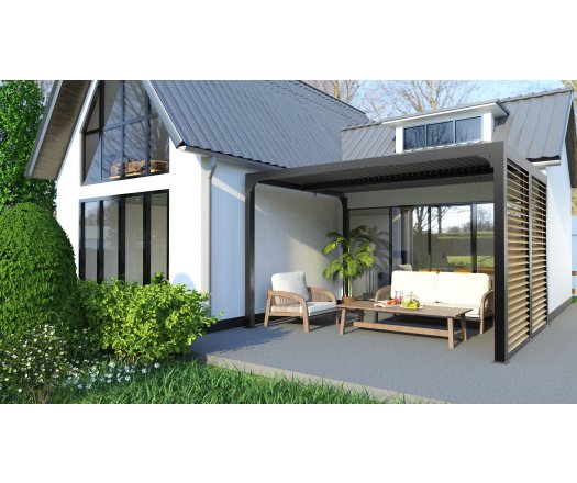 Pergola bioclimatique livrée avec des ventelles latérales aluminium mobiles imitation bois pour côté 3 m, Aluminium gris anthracite, 3.60 x 3.00 m, 10.80m²