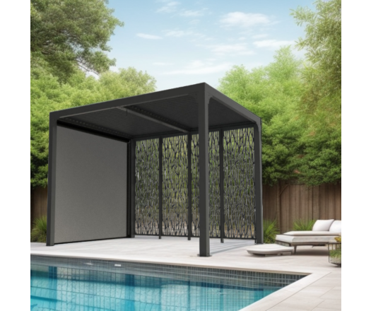 Pergola bioclimatique Aluminium avec 4 panneaux moucharabieh coloris gris pour côté 3 m et rideau manuel coloris gris pour côté 2,40 m, 2.40 x 3.00m, 7.20m²