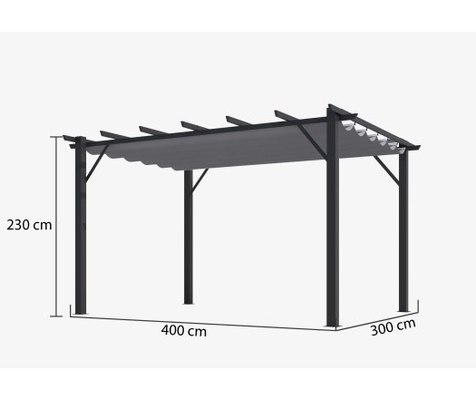 Pergola Bioclimatique, aluminium Gris anthracite Poteaux 10x10 cm, Toile couleur gris, 4.0 x 3.0 m, 12m²