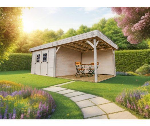 Abri Kemper avec terrasse, Epicéa Madriers 28mm, 5.75 x 3.00m, 17.25m²