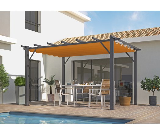 Pergola Bioclimatique, aluminium Gris anthracite Poteaux 10x10 cm, Toile couleur rouille, 4.0 x 3.0 m, 12m²