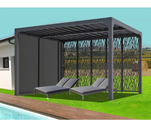 Pergola bioclimatique avec 5 panneaux moucharabieh coloris gris pour côté 3,60 m, Aluminium gris anthracite, 3.60 x 3.00 m, 10.80m²