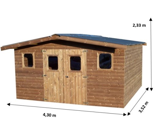 Abri Thermabri, THT madriers 28mm, 4.30 x 3.50m, 15.00m²