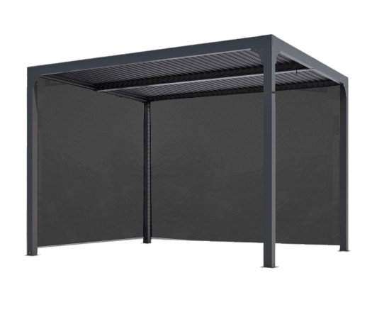 Pergola bioclimatique avec rideau manuel coloris gris pour côté 3 m et rideau manuel coloris gris pour côté 3,60 m, Aluminium gris anthracite, 3.60 x 3.00 m, 10.80m²