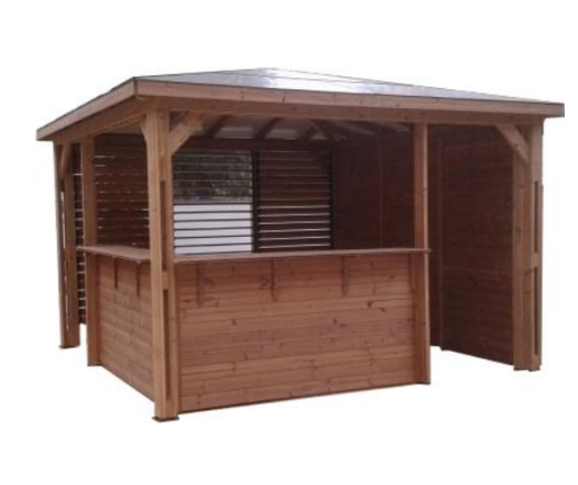 Pool House Blueterm 1 paroi avec mur plein / 1 paroi avec ventelles / 2 parois avec comptoir, THT Toit en panneaux ACP, 3.50 x 3.50 m, 12.25m²