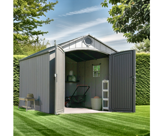Abri, résine PEHD, imitation bois, grand  volume, avec plancher, 2.40m x 3.00m, 7.20m²