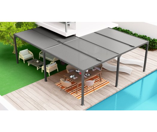 Pergola bioclimatique en "L" avec ventelles sur le toit, Aluminium gris anthracite, 7.10 x 6.00 x 3.60 x 3.00 x 3.60 x 3.00 m, 32.6m²