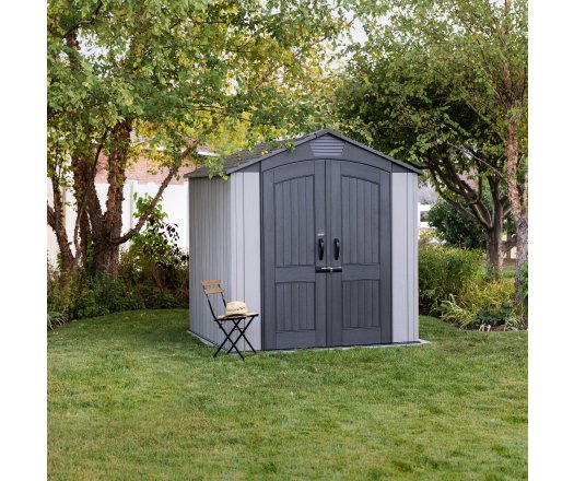 Abri, résine PEHD, imitation bois, grand  volume, avec plancher, 2.10m x 2.10m, 4.40m²
