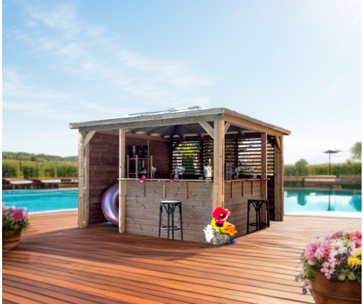 Pool House Blueterm 1 paroi avec mur plein / 1 paroi avec ventelles / 2 parois avec comptoir, THT Toit en panneaux ACP, 3.50 x 3.50 m, 12.25m²