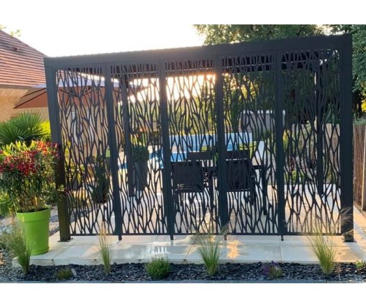 Pergola Bioclimatique avec ventelles et 5 panneaux moucharabieh, Aluminium gris anthracite, 3.60 x 3.00m, 10.80m²