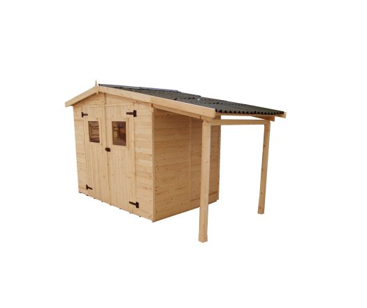 Abri Eden avec bucher, Epicéa panneaux 16mm, 3.70 x 1.90m, 5.80m²