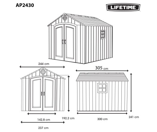 Abri, résine PEHD, imitation bois, grand  volume, avec plancher, 2.40m x 3.00m, 7.20m²