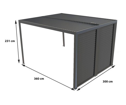Pergola bioclimatique livrée avec des ventelles latérales aluminium mobiles pour côté 3 m, Aluminium gris anthracite, 3.60 x 3.00 m, 10.80m²