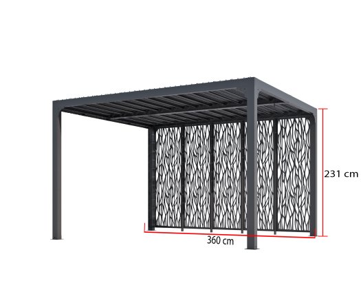 Pergola Bioclimatique avec ventelles et 5 panneaux moucharabieh, Aluminium gris anthracite, 3.60 x 3.00m, 10.80m²