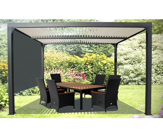 Pergola Bioclimatique avec ventelles écru et rideau manuel coloris gris pour coté 3m, Aluminium gris anthracite, 3.60 x 3.00m, 10.80m²