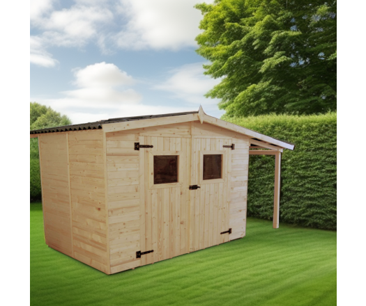 Abri Eden avec bucher, Epicéa panneaux 16mm, 3.70 x 1.90m, 5.80m²