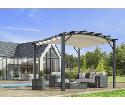 Pergola arche, structure mixte aluminium/acier coloris gris anthracite toile couleur écru, 3.40 x 3.30 m, 11.20m²