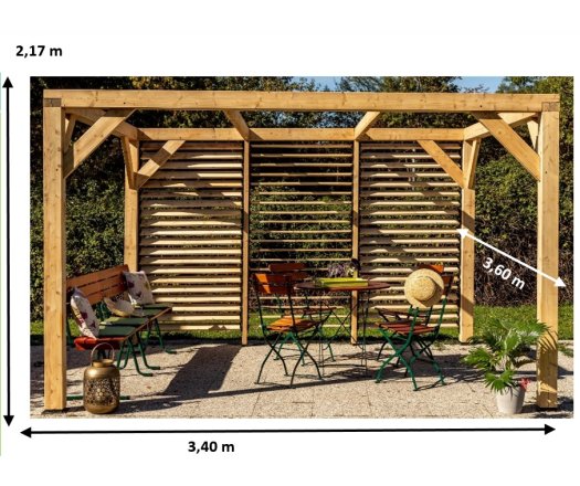 Pergola Veneto avec ventelles réglables / 1 Côté, Epicéa/Sapin traité, 3.60 x 3.40 m, 12.20m²