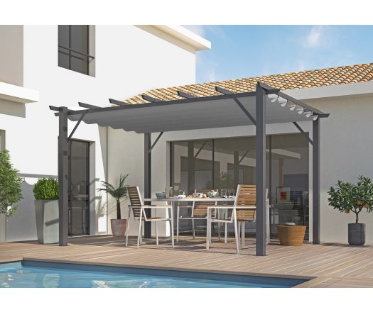 Pergola Bioclimatique, aluminium Gris anthracite Poteaux 10x10 cm, Toile couleur gris, 4.0 x 3.0 m, 12m²