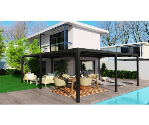 Pergola bioclimatique en "L" avec ventelles sur le toit, Aluminium gris anthracite, 7.10 x 6.00 x 3.60 x 3.00 x 3.60 x 3.00 m, 32.6m²