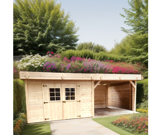 Abri Kemper avec terrasse, Epicéa Madriers 28mm, 5.75 x 3.00m, 17.25m²