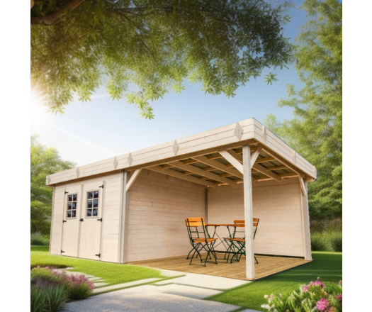 Abri Kemper avec terrasse, Epicéa Madriers 28mm, 5.75 x 3.00m, 17.25m²
