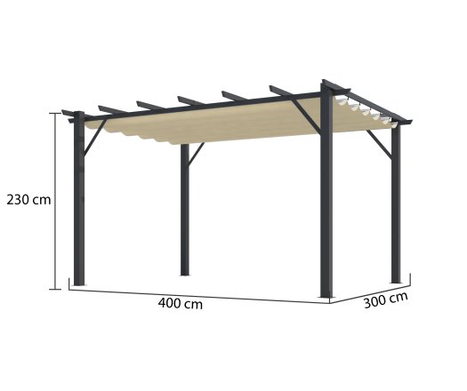 Pergola Bioclimatique, aluminium Gris anthracite Poteaux 10x10 cm, Toile couleur écru, 4.0 x 3.0 m, 12m²