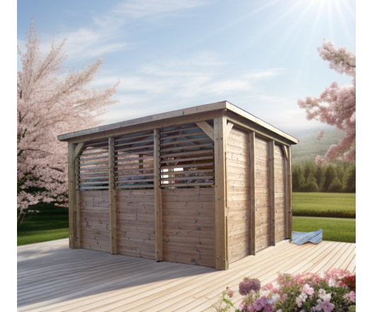 Pool House Blueterm 1 paroi avec mur plein / 1 paroi avec ventelles / 2 parois avec comptoir, THT Toit en panneaux ACP, 3.50 x 3.50 m, 12.25m²