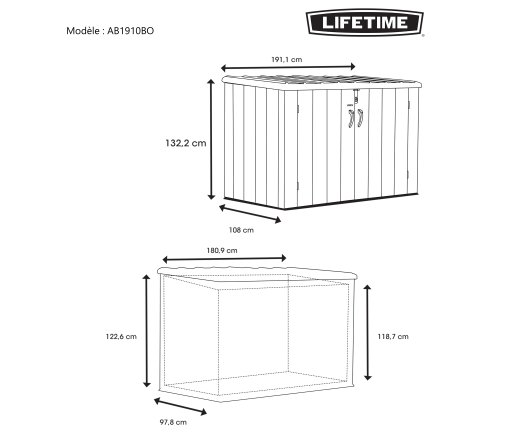 Coffre de jardin, résine PEHD, imitation bois, grand volume, 1.90m x 1.00m, 1.90m²