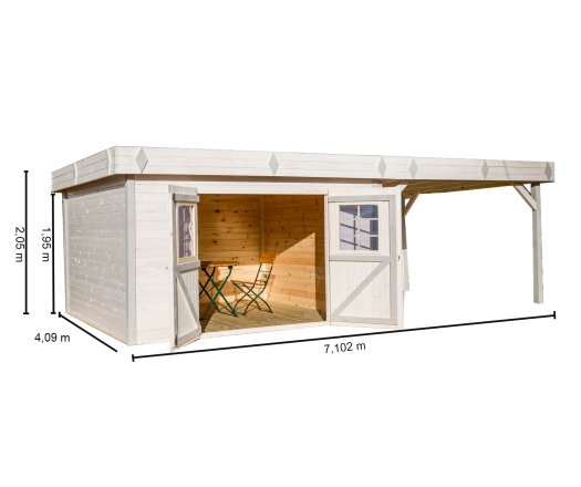 Abri Kemper, Epicéa madriers 28mm, 7.10 x 4.00m, 29.00m²