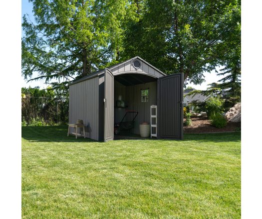 Abri, résine PEHD, imitation bois, grand  volume, avec plancher, 2.40m x 3.00m, 7.20m²