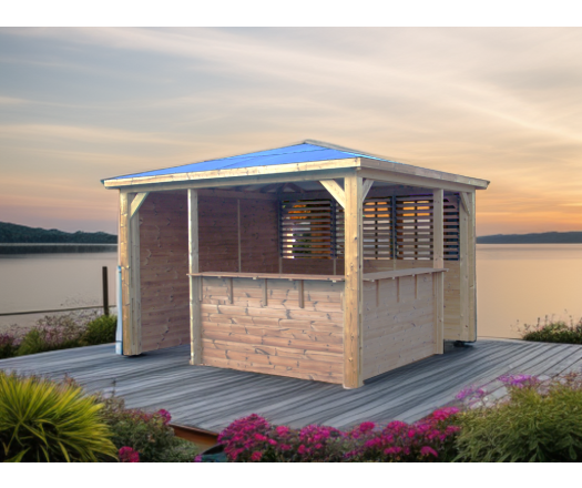 Pool House Blueterm 1 paroi avec mur plein / 1 paroi avec ventelles / 2 parois avec comptoir, THT Toit en panneaux ACP, 3.50 x 3.50 m, 12.25m²