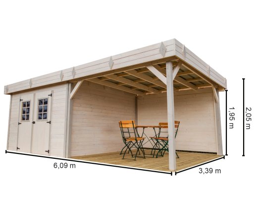 Abri Kemper avec terrasse, Epicéa Madriers 28mm, 5.75 x 3.00m, 17.25m²