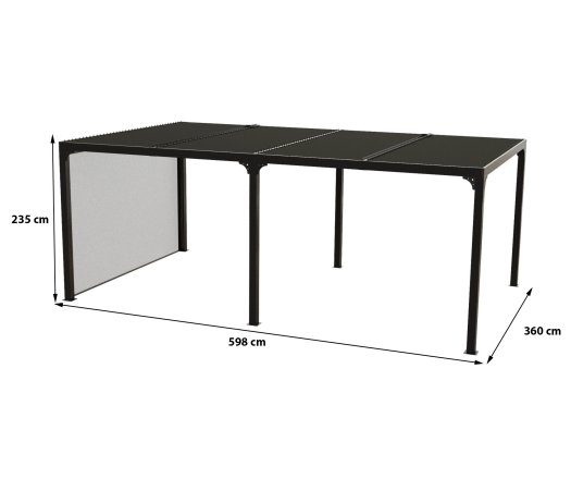 Pergola bioclimatique avec rideau manuel coloris gris pour côté 3,60 m, Aluminium gris anthracite, 3.60 x 6.00 m, 21.5m²