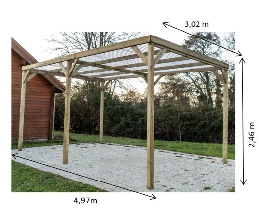 Carport Economique, Pin sylvestre traité autoclave classe III, 3.00 x 5.00m, 15.00m²