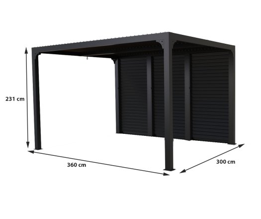 Pergola bioclimatique  livrée avec des ventelles latérales aluminium mobiles pour côté 3,60 m, Aluminium gris anthracite, 3.60 x 3.00 m, 10.80m²