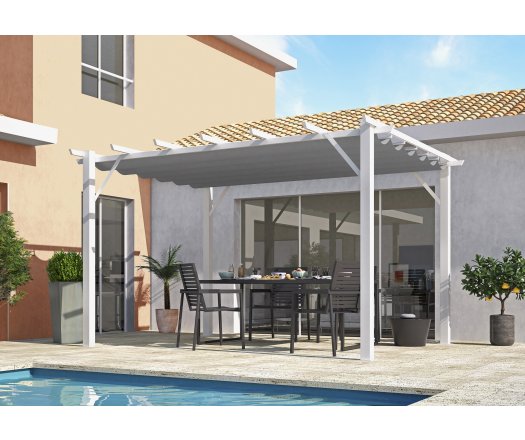 Pergola Bioclimatique, aluminium blanc Poteaux 10x10 cm, Toile couleur gris, 4.0 x 3.0 m, 12m²