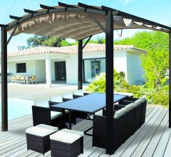 Pergola arche, structure mixte aluminium/acier coloris gris anthracite toile couleur écru, 3.40 x 3.30 m, 11.20m²
