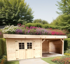 Abri Kemper avec terrasse, Epicéa Madriers 28mm, 5.75 x 3.00m, 17.25m²