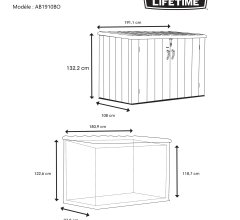 Coffre de jardin, résine PEHD, imitation bois, grand volume, 1.90m x 1.00m, 1.90m²