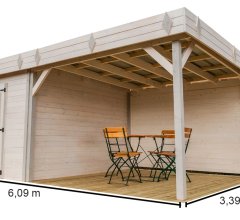 Abri Kemper avec terrasse, Epicéa Madriers 28mm, 5.75 x 3.00m, 17.25m²