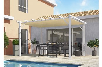 Pergola Bioclimatique, aluminium blanc Poteaux 10x10 cm, Toile couleur écru, 4.0 x 3.0 m, 12m²