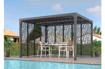 Pergola bioclimatique avec panneaux moucharabieh coloris gris pour côté 3 m + côté 3,60 m, Aluminium  gris anthracite, 3.60 x 3.00 m, 10.80m²