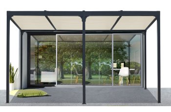 Pergola bioclimatique avec ventelles écru, Aluminium gris anthracite, 3.60 x 6.00 m, 21.5m²
