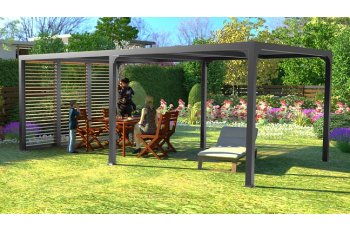 Pergola bioclimatique avec ventelles latérales coloris imitation bois pour côté 3,60 m, Aluminium gris anthracite, 3.60 x 6.00 m, 21.5m²