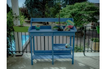 Table multiusages, bois lasurée couleur bleue