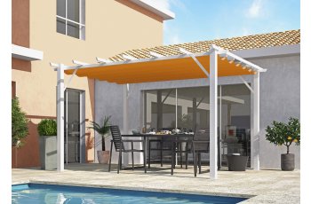 Pergola Bioclimatique, aluminium blanc Poteaux 10x10 cm, Toile couleur rouille, 4.0 x 3.0 m, 12m²